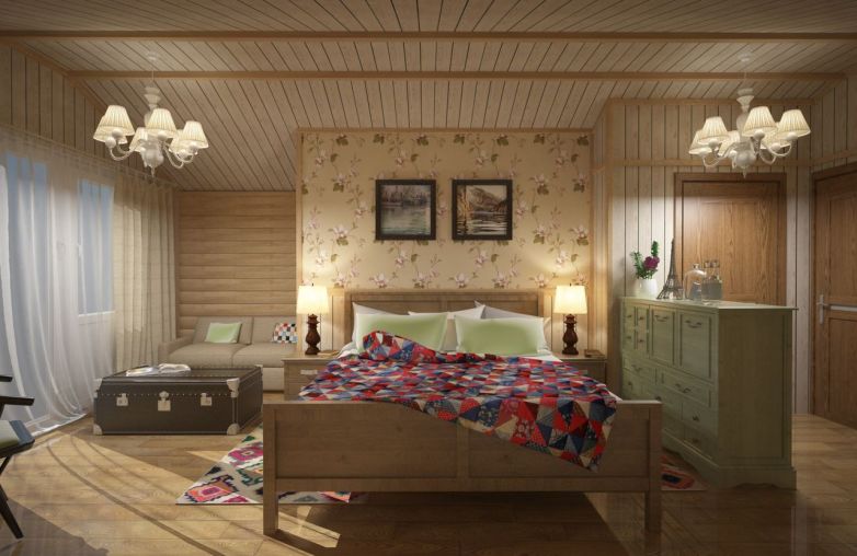 Дизайн интерьера спальни в стиле шале